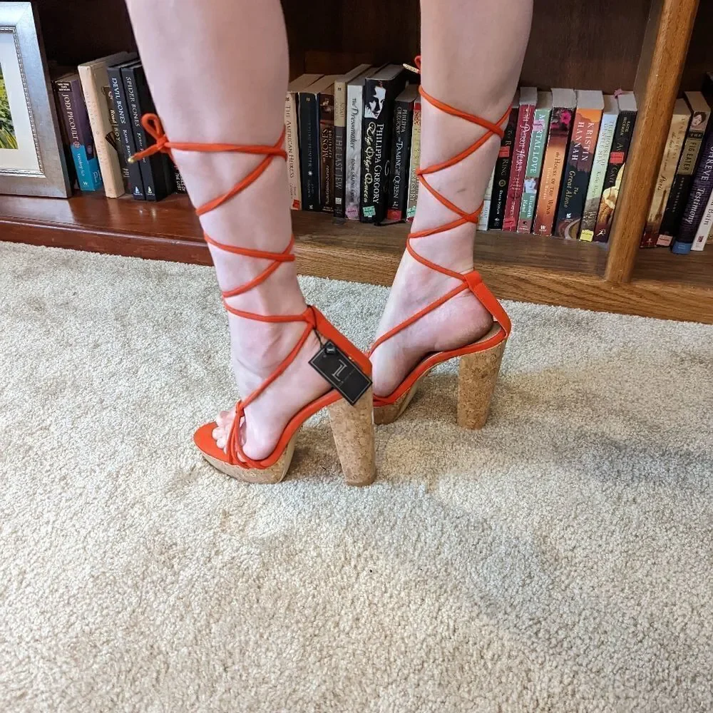 𝅺lob footwear orange suede gladiator laces sz 7.5 cork platform heels nwt